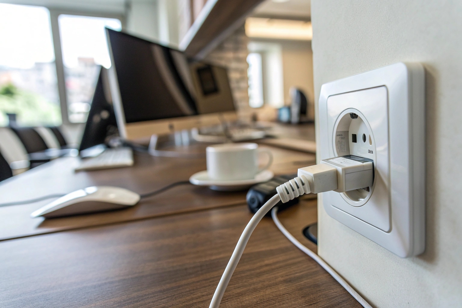 A hidden camera disguised as a USB charger plugged into a wall socket in an office setting