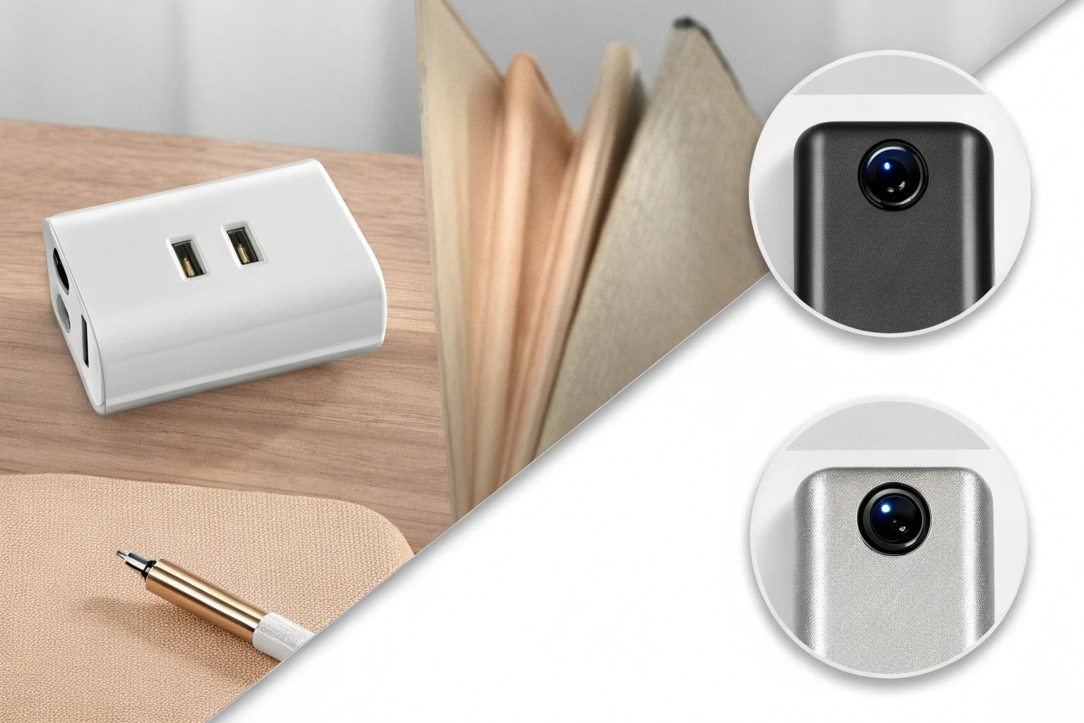A collection of hidden cameras disguised as a charger, a power bank, and a pen