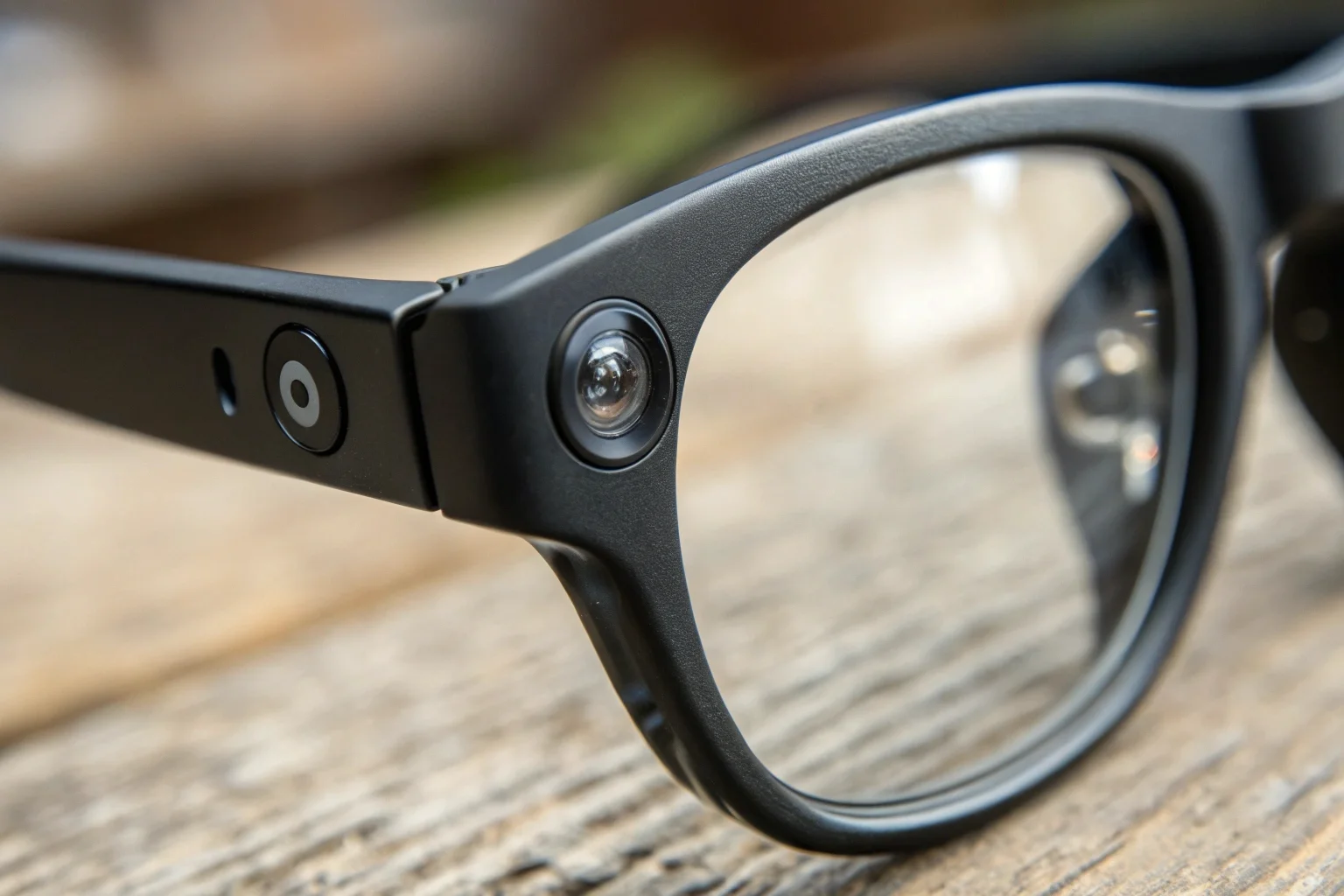 A macro close-up shot of a camera lens seamlessly integrated into the hinge of a pair of black glasses.