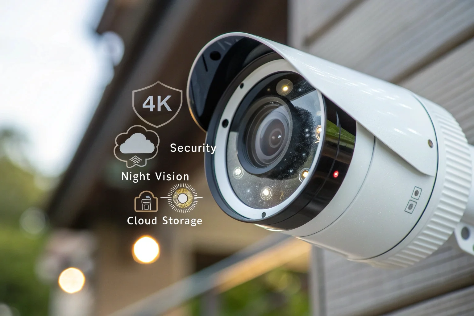 Un primo piano di un obiettivo di una telecamera di alta qualit&agrave; con icone per 4K, visione notturna e archiviazione cloud