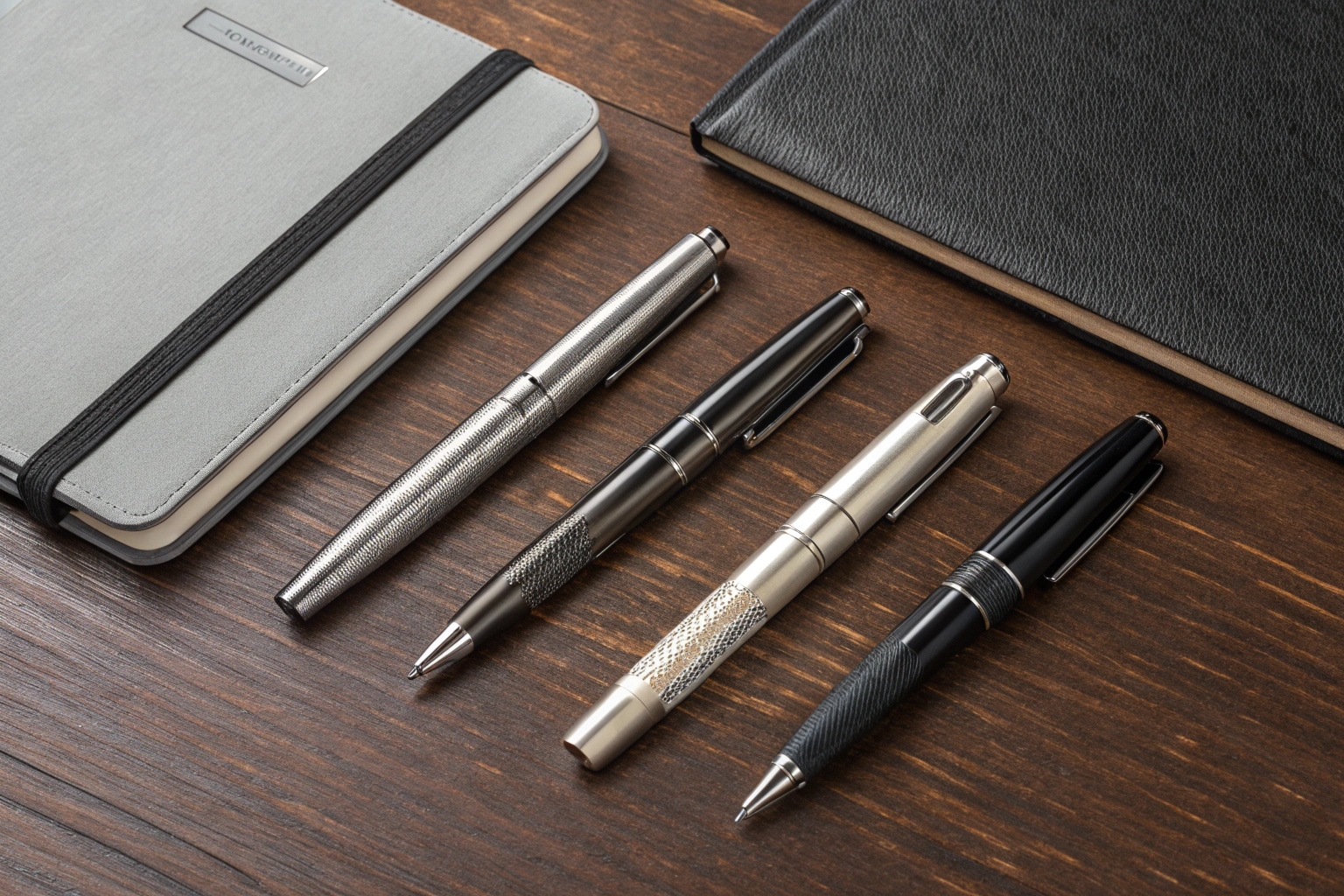 A collection of high-quality spy pens displayed neatly on a retailer's wooden desk.