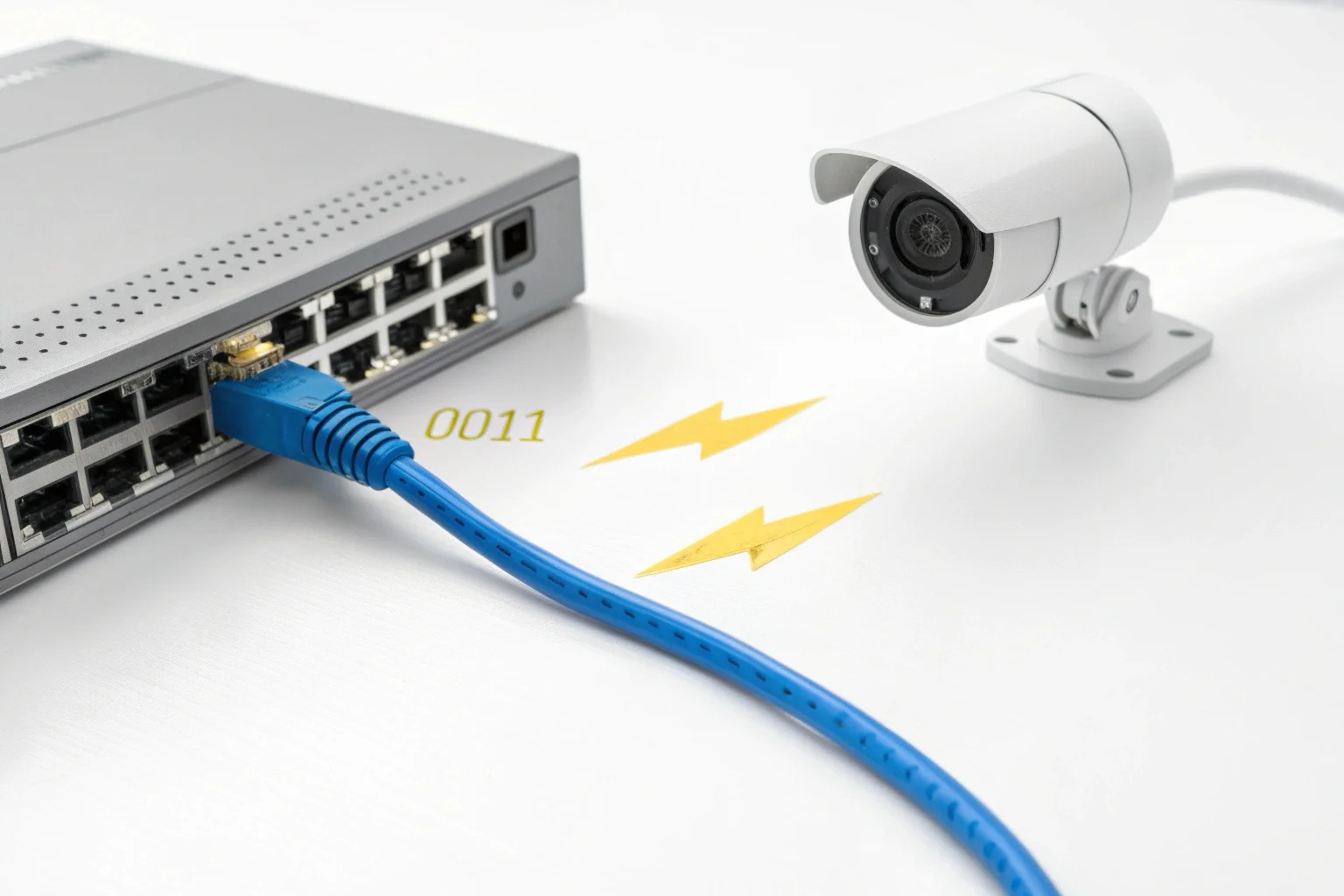 A simple diagram showing a single cable connecting a switch to a camera
