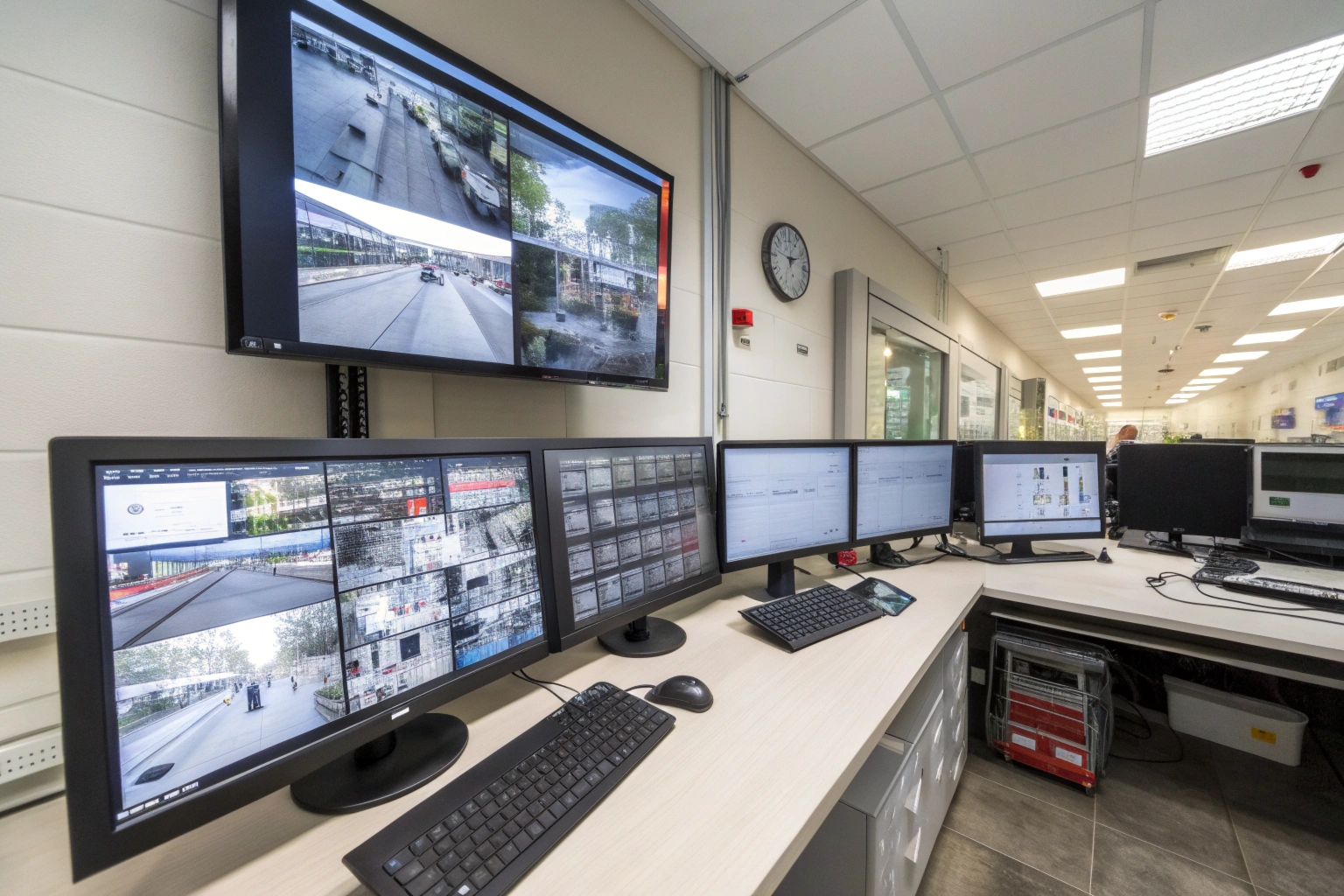 A security control room showing multiple screens with feeds from traditional CCTV and discreet hidden cameras