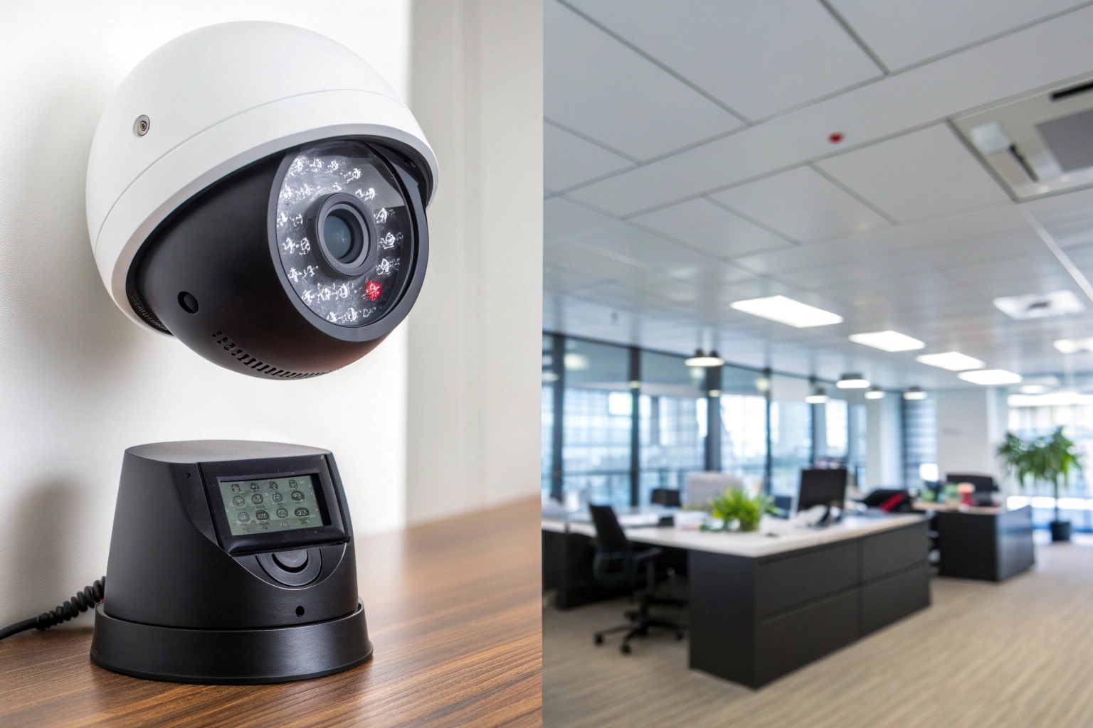 A split image showing a visible dome camera on an office ceiling and a covert camera hidden in a digital clock on a desk