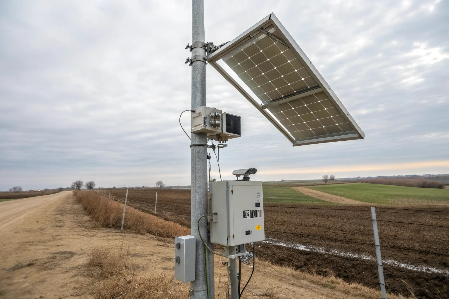 A hybrid setup with a large solar panel powering a professional box camera