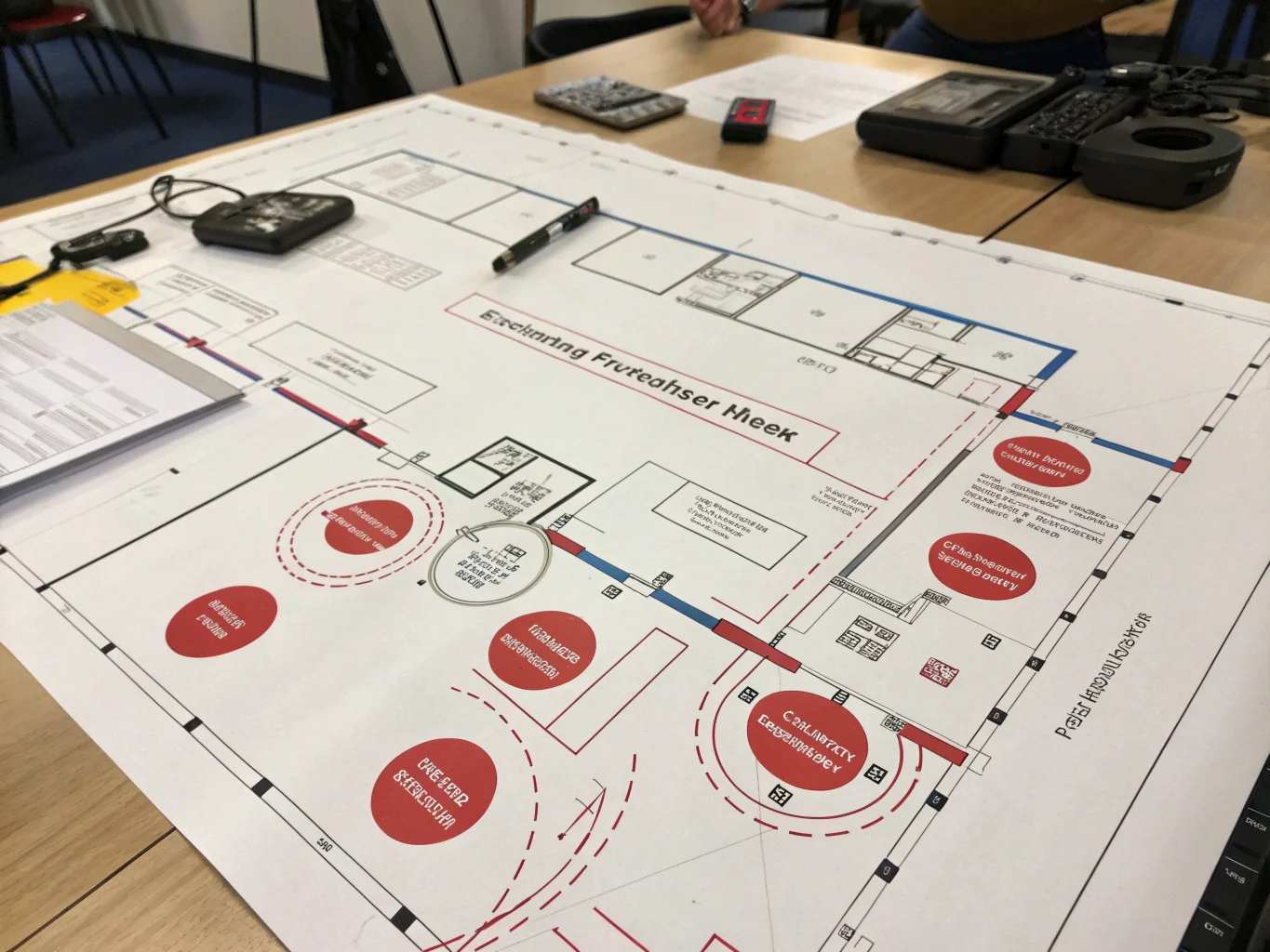 A blueprint of an office floor plan with circles indicating strategic camera placement