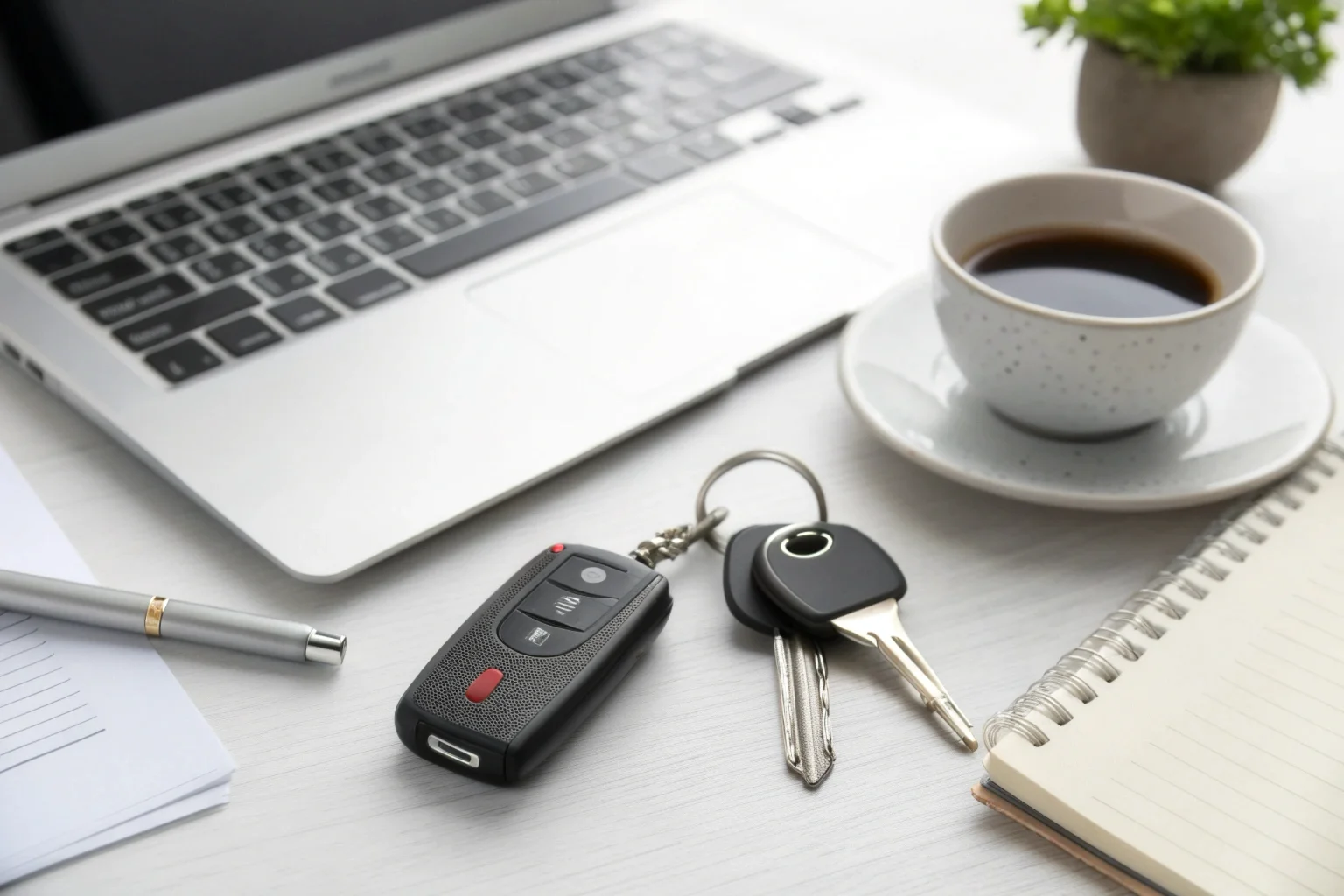 A keychain voice recorder attached to a set of keys resting on a business professional's desk next to a laptop.