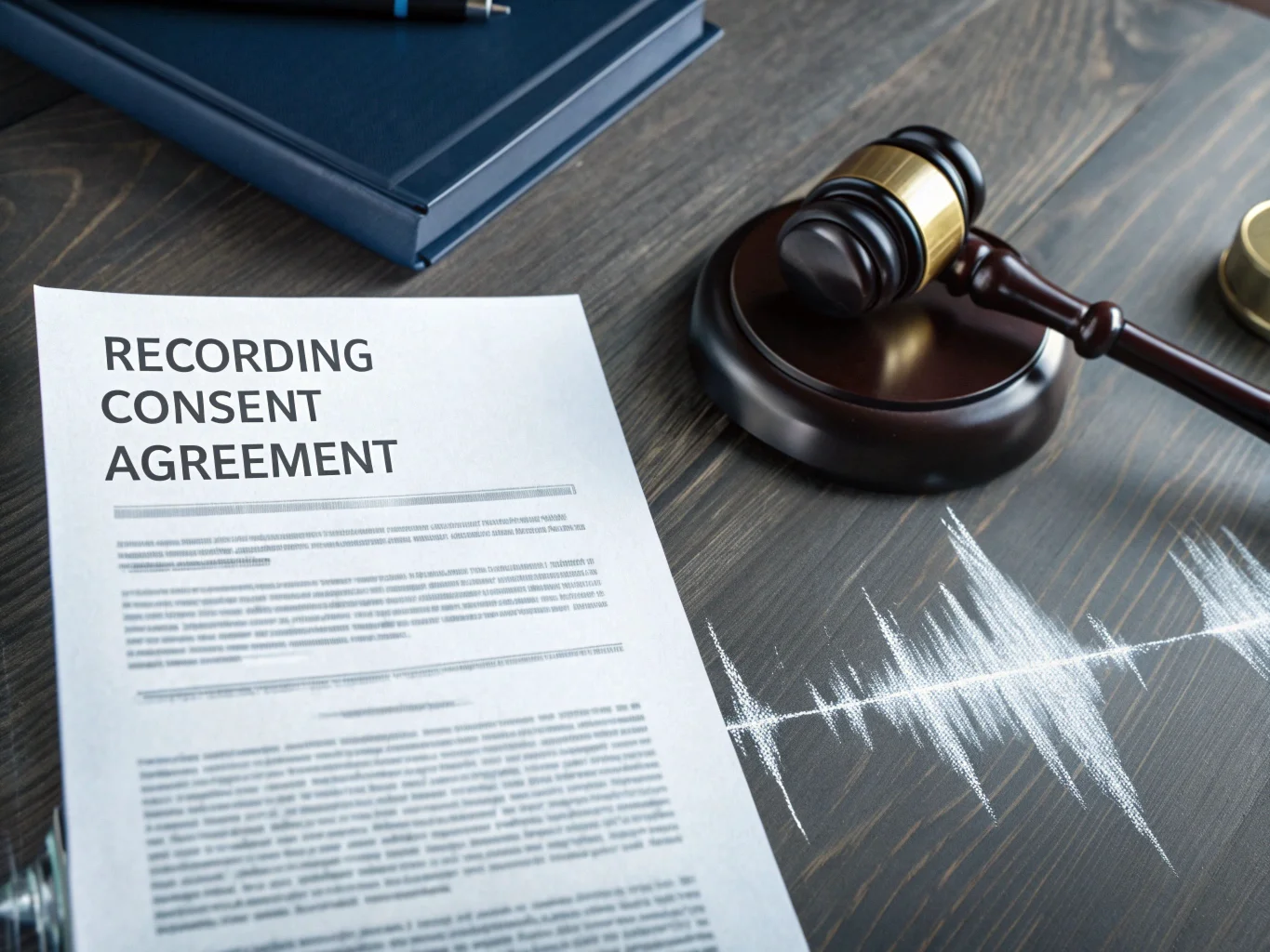 Un documento legale e un martelletto da giudice accanto a un'onda sonora visualizzata su uno schermo, a simboleggiare la legalità delle registrazioni audio.