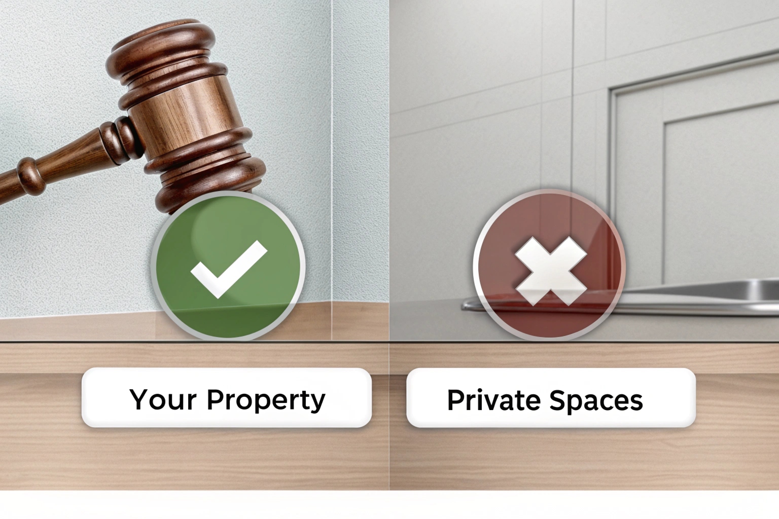 A simple graphic showing a gavel with a checkmark for property surveillance and a red X for private spaces