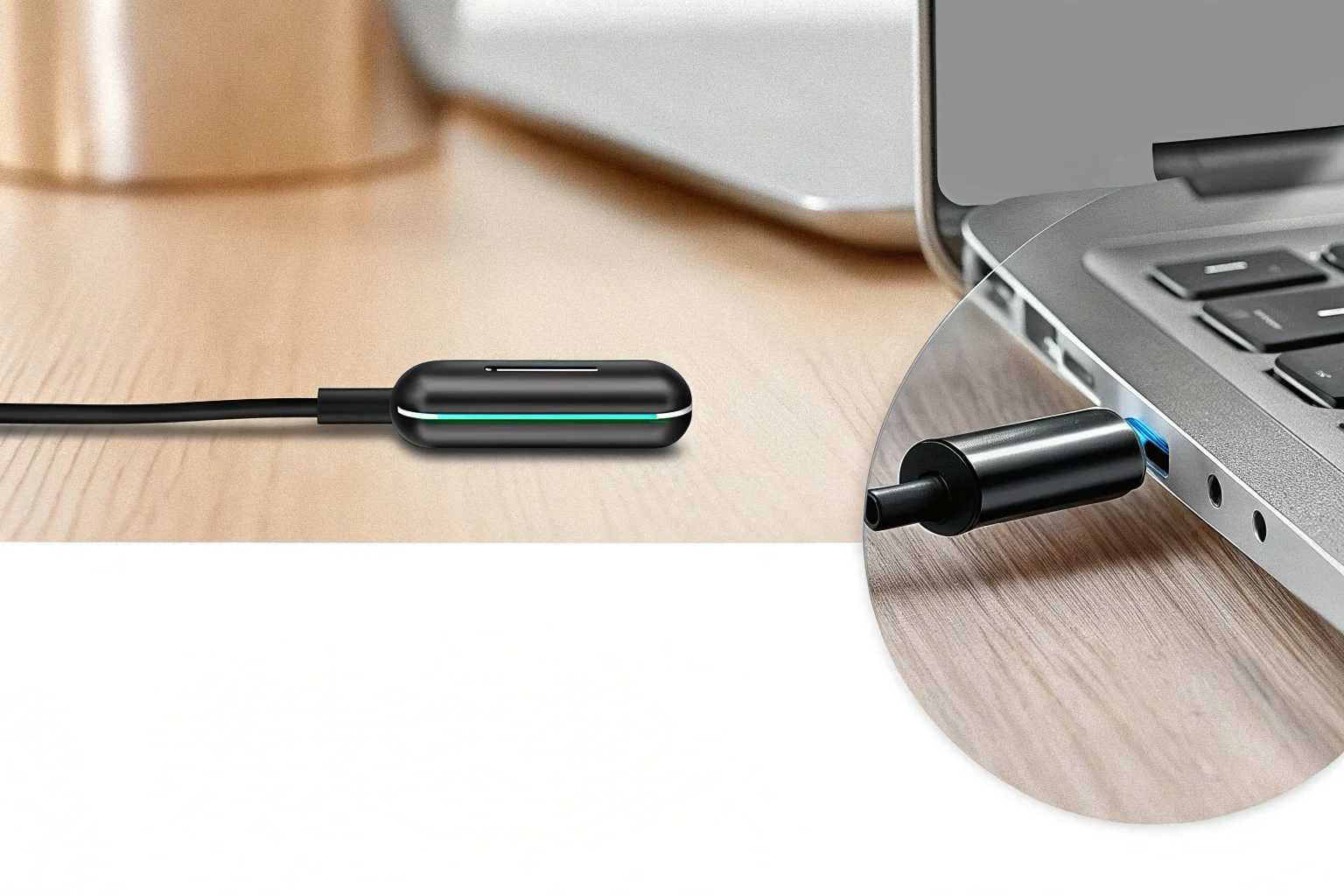 A discreet mini voice recorder charging via a USB cable, with a glowing battery indicator symbolizing long life and reliability.