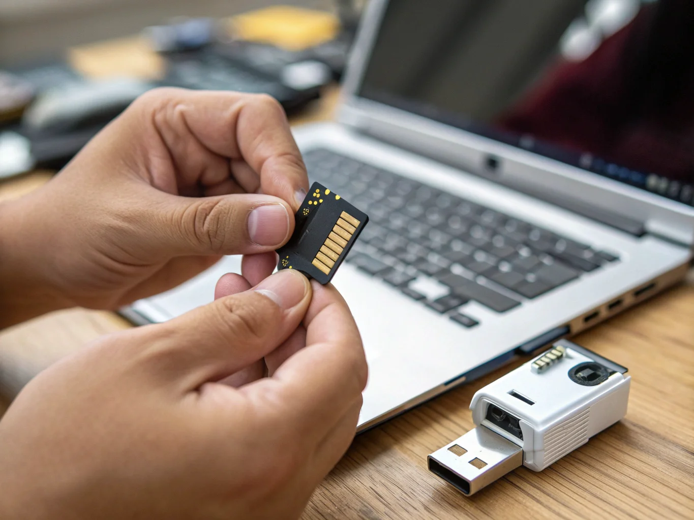 A person's hands carefully removing a small microSD card from a discreet camera