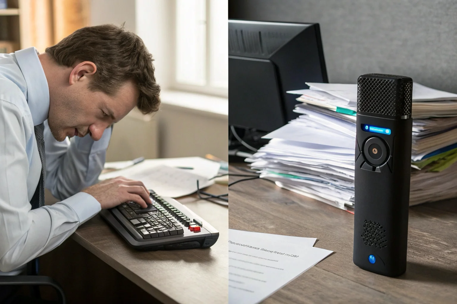 A frustrated office worker buried under piles of paper next to a calm person using a sleek voice recorder