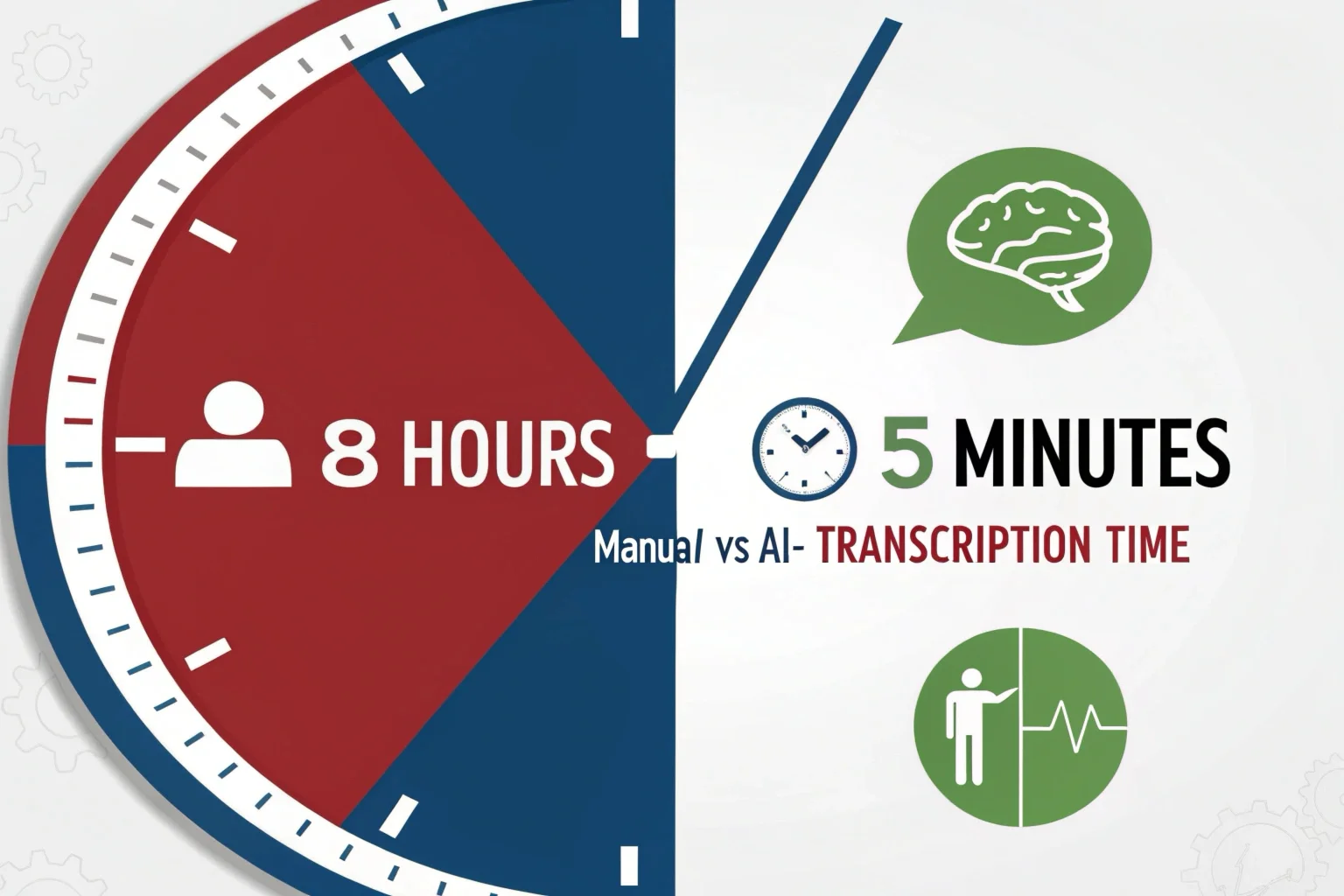 Graphic showing a clock split in half contrasting 8 hours of manual work versus 5 minutes of AI processing