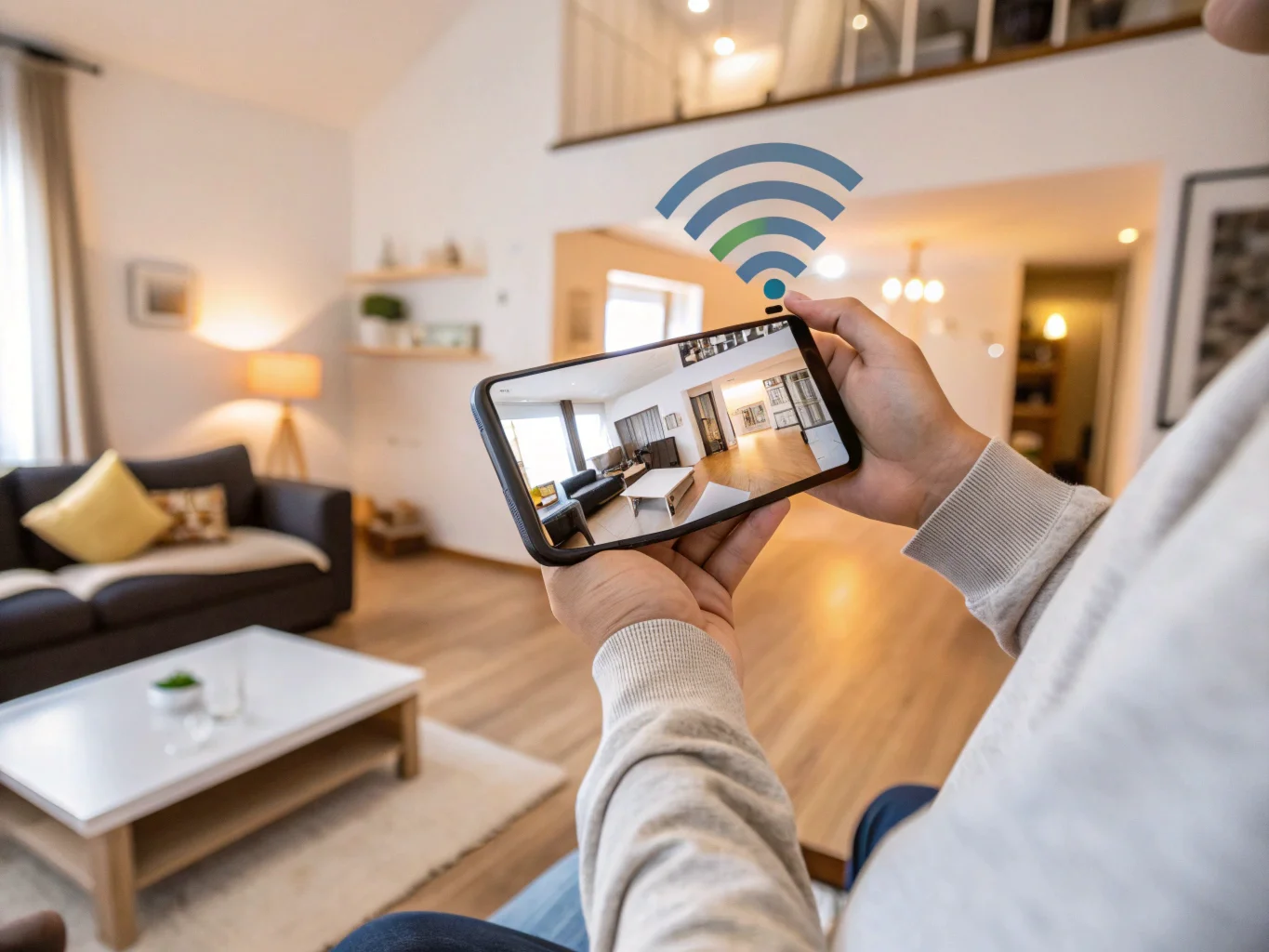 A smartphone displaying a live feed from a home security camera with Wi-Fi icons in the background