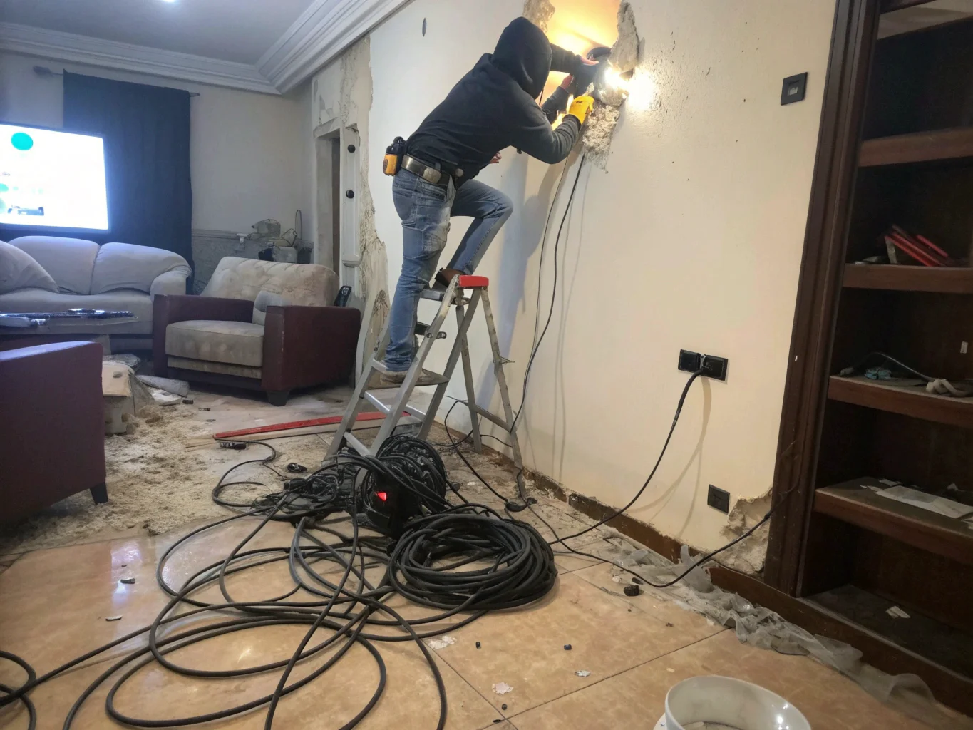 A person on a ladder struggling with a messy installation of wired security camera cables