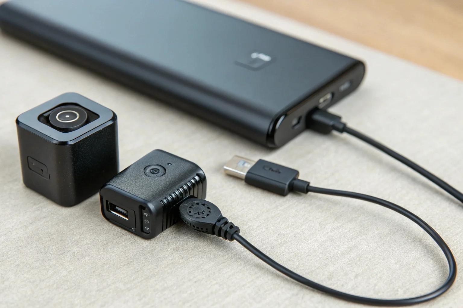 A mini camera connected to a power bank to illustrate extended battery power