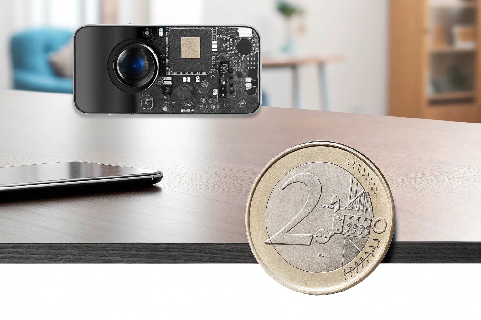 A tiny spy camera module placed next to a one euro coin for scale