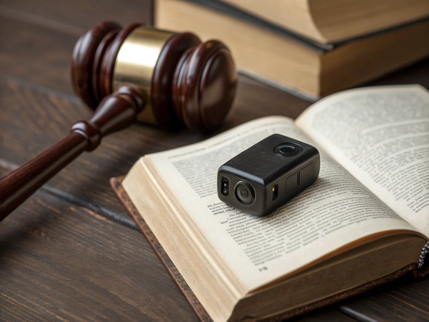 A small hidden camera placed next to a law book and a judge's gavel