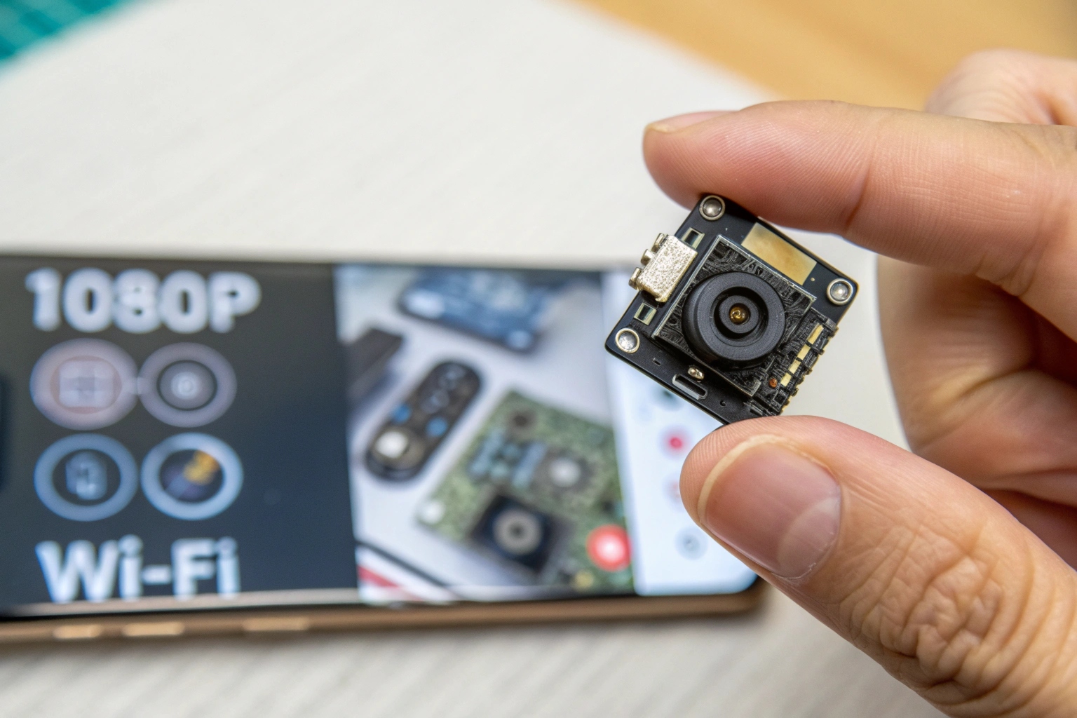A close-up image of a QZT mini camera module with its lens and circuitry visible, with icons for Wi-Fi, 1080p resolution, and power overlaid