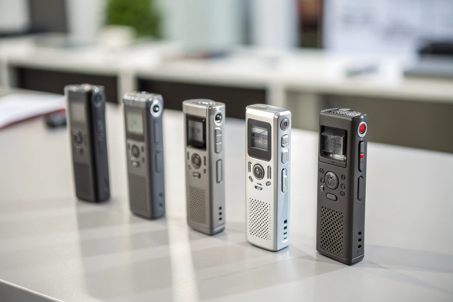 A collection of modern, sleek digital voice recorders displayed on a professional background