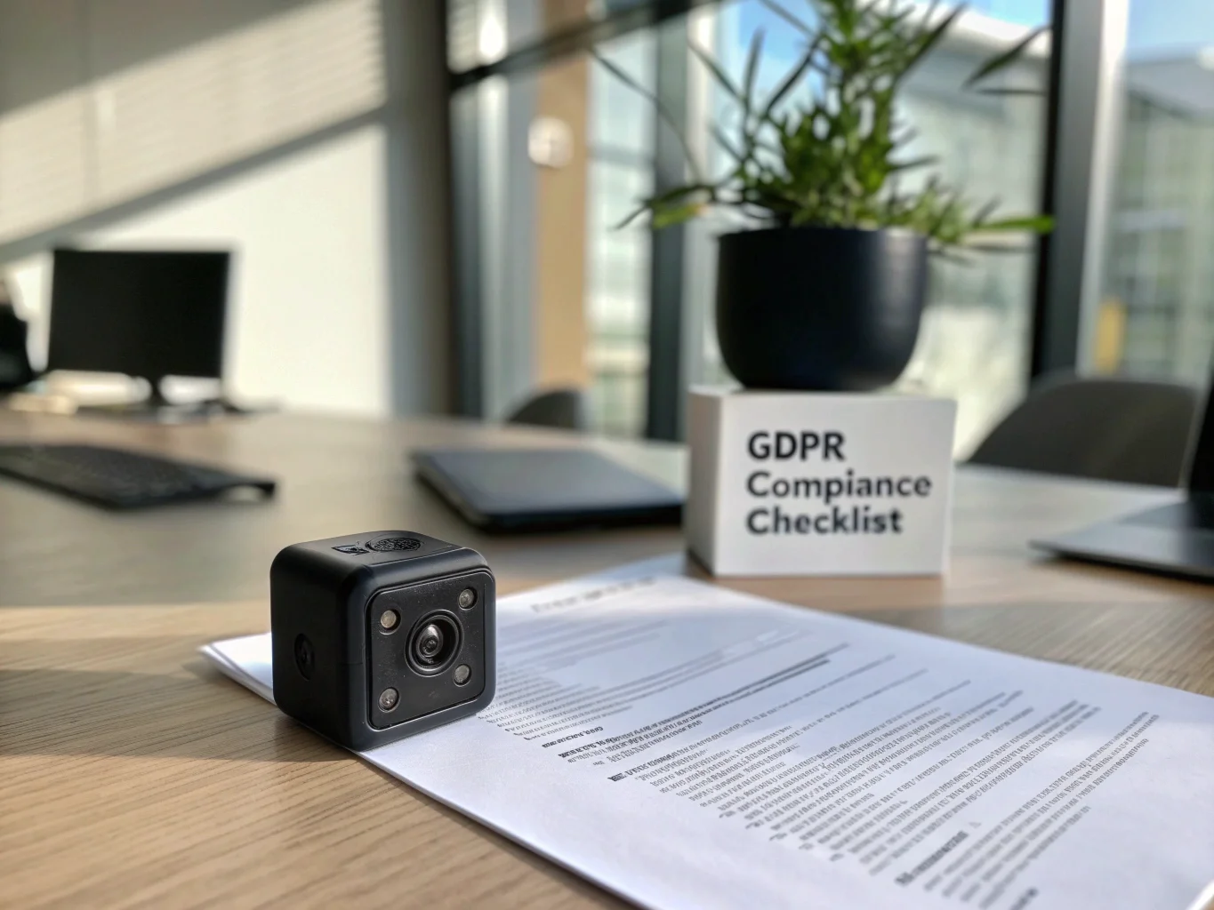 A legal compliance document next to a small office spy camera on a desk