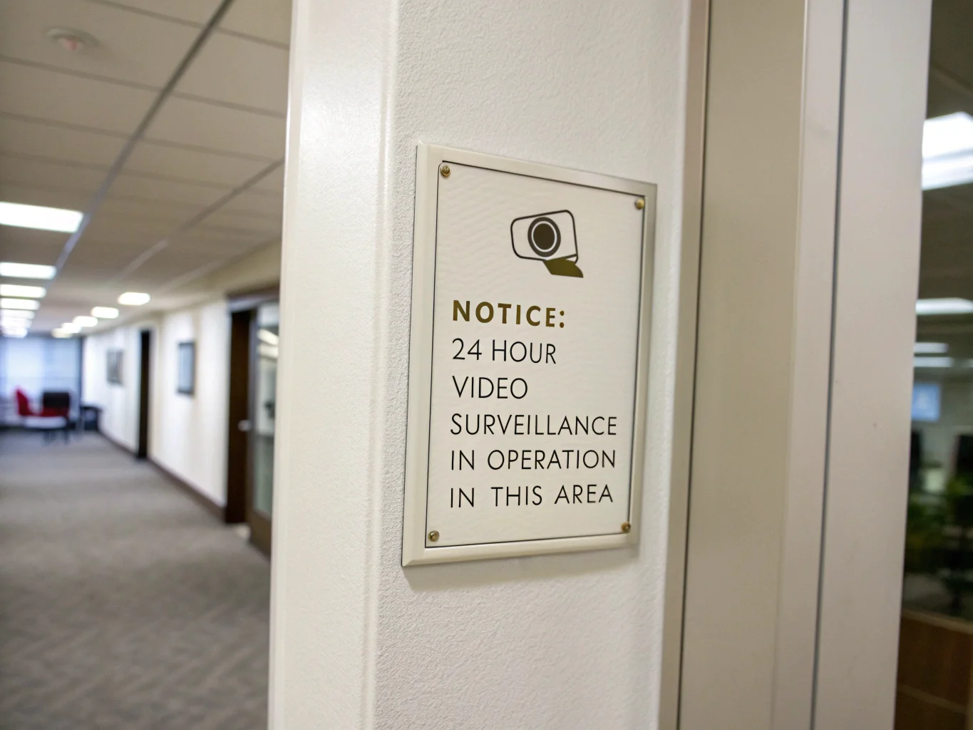 A small notice on an office wall indicating video surveillance is in effect