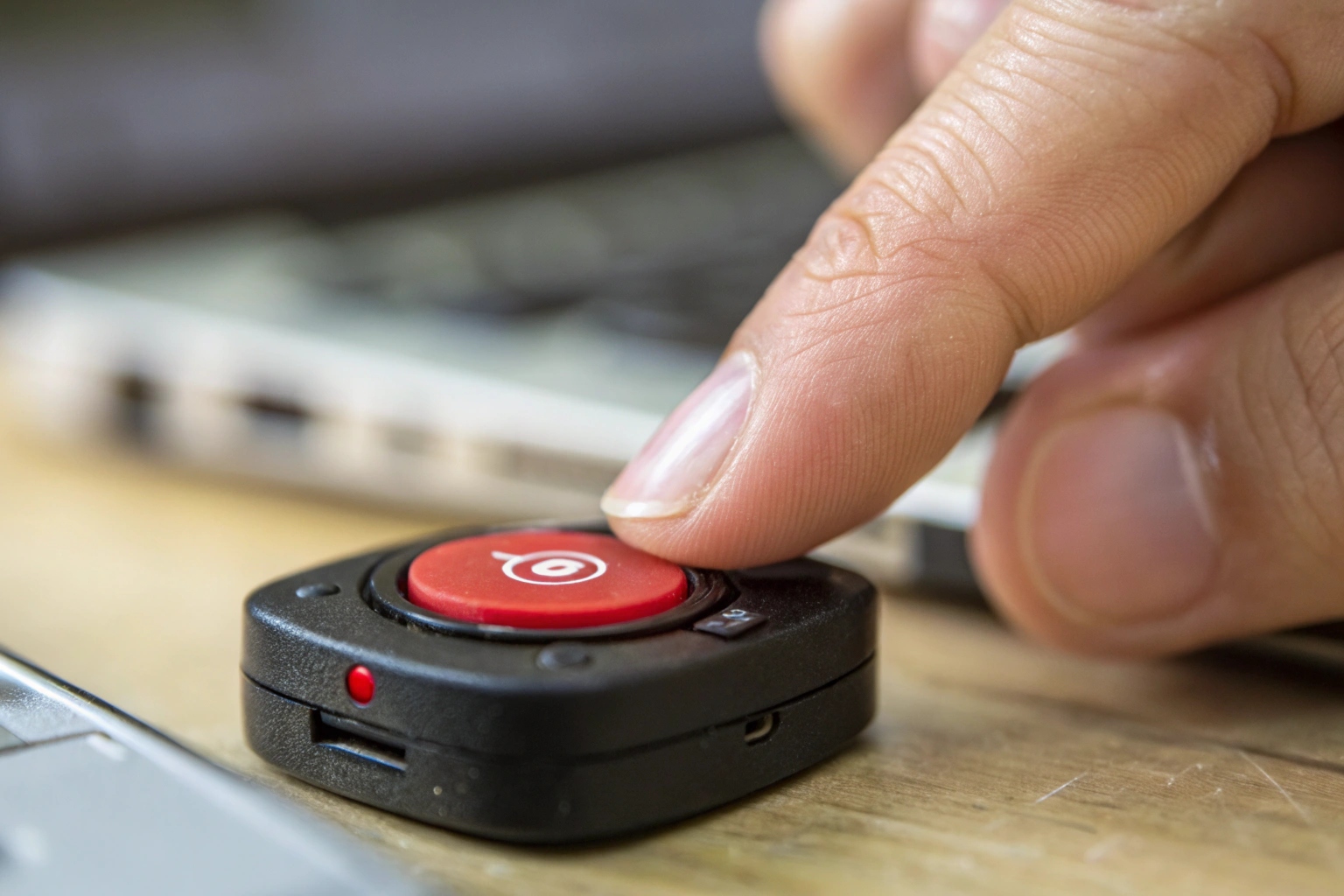A close-up shot of a finger pressing a single, prominent record button on a mini voice recorder