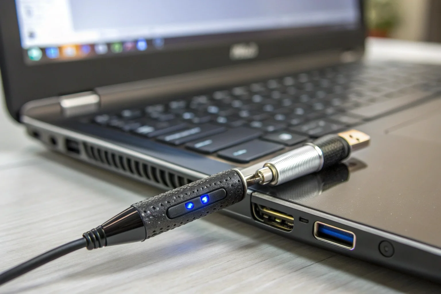 A pen camera being charged via USB connected to a laptop