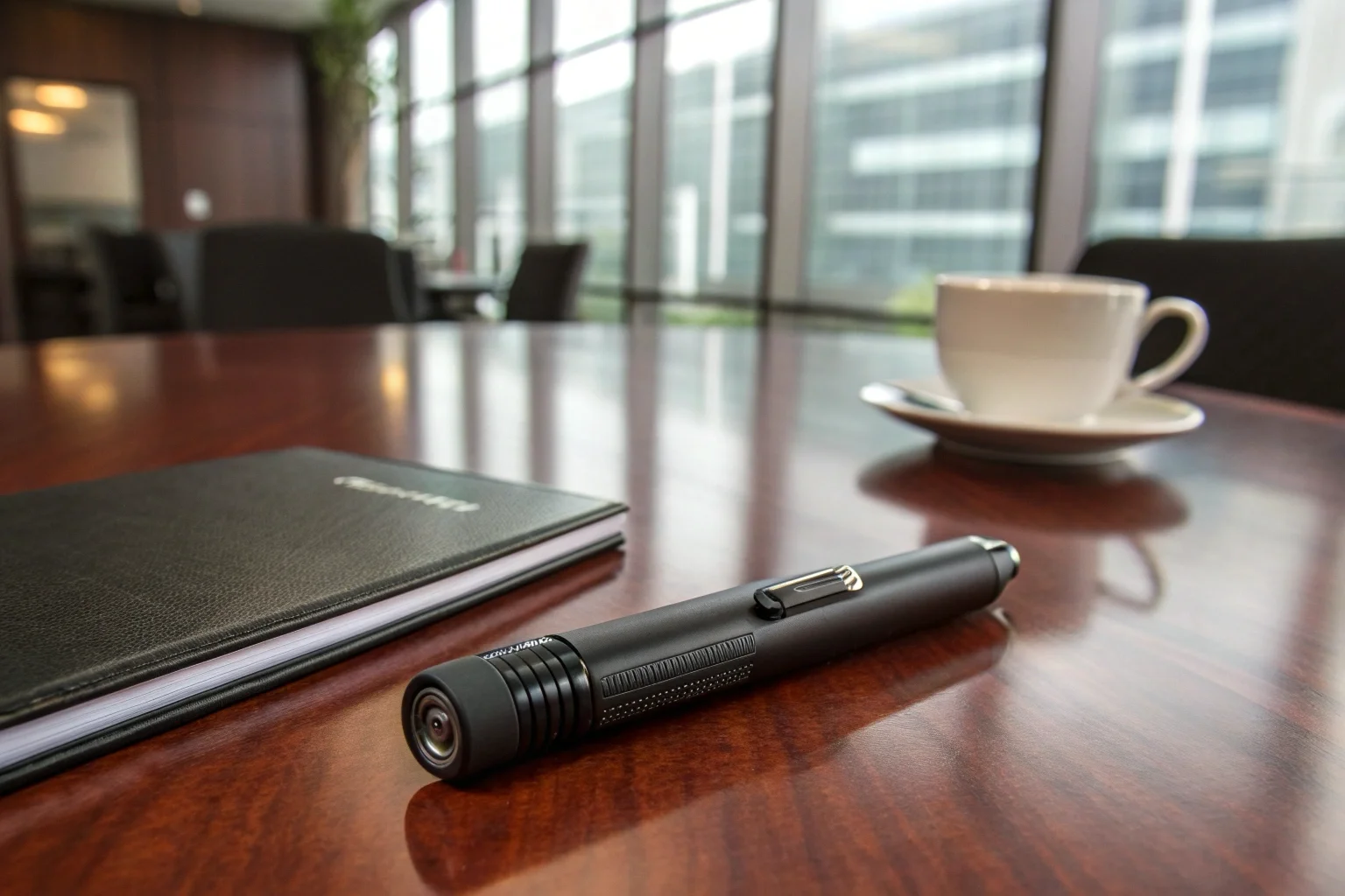 A sleek black pen camera lying next to a notebook on a corporate meeting table