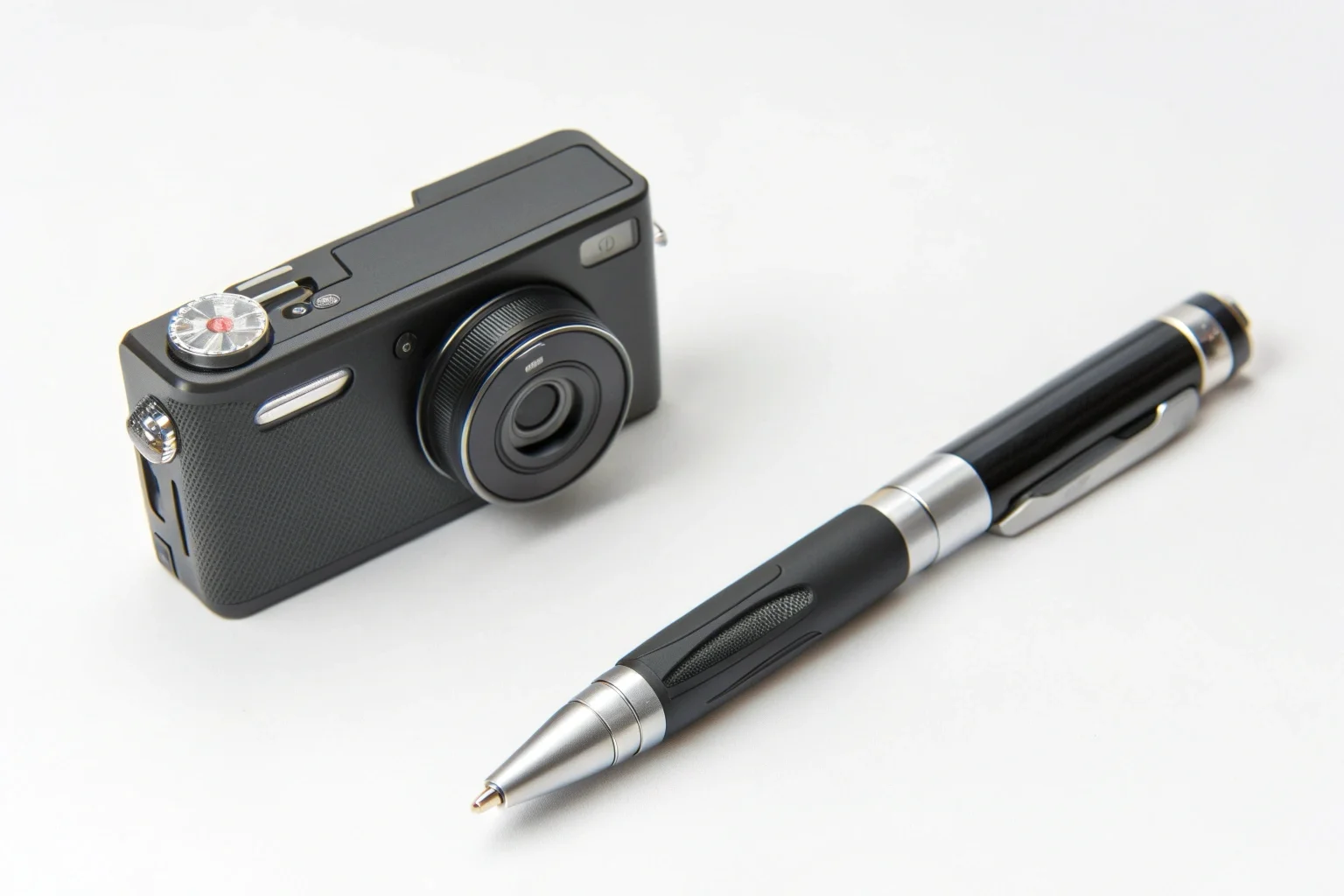 A side-by-side comparison of a pen camera and a body camera showing their relative sizes