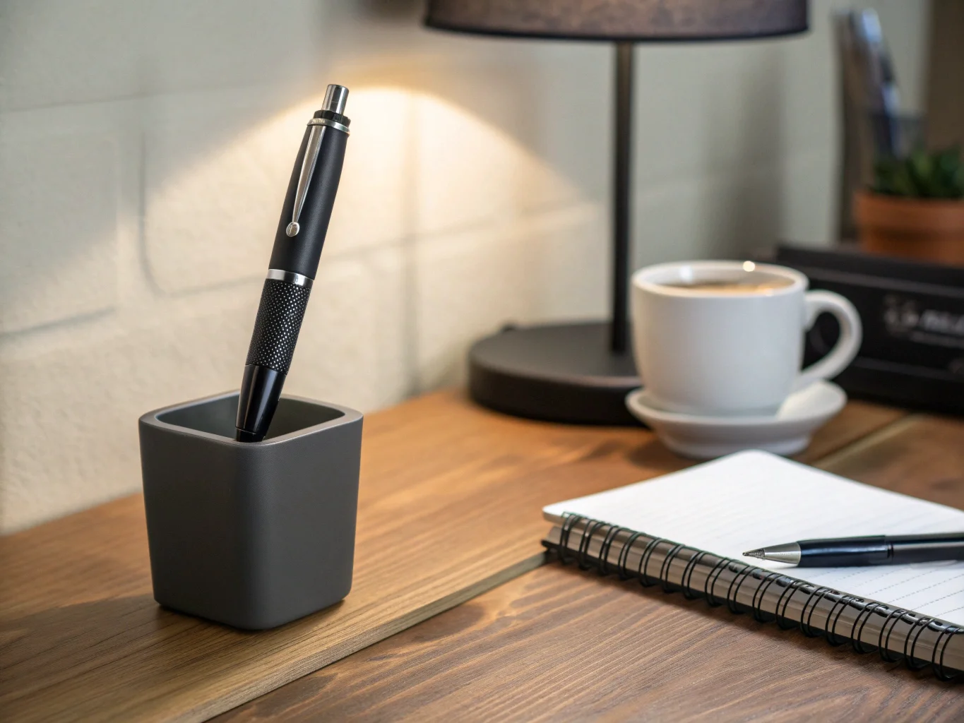 A pen hidden camera placed in a pen holder on a desk, not connected to any network