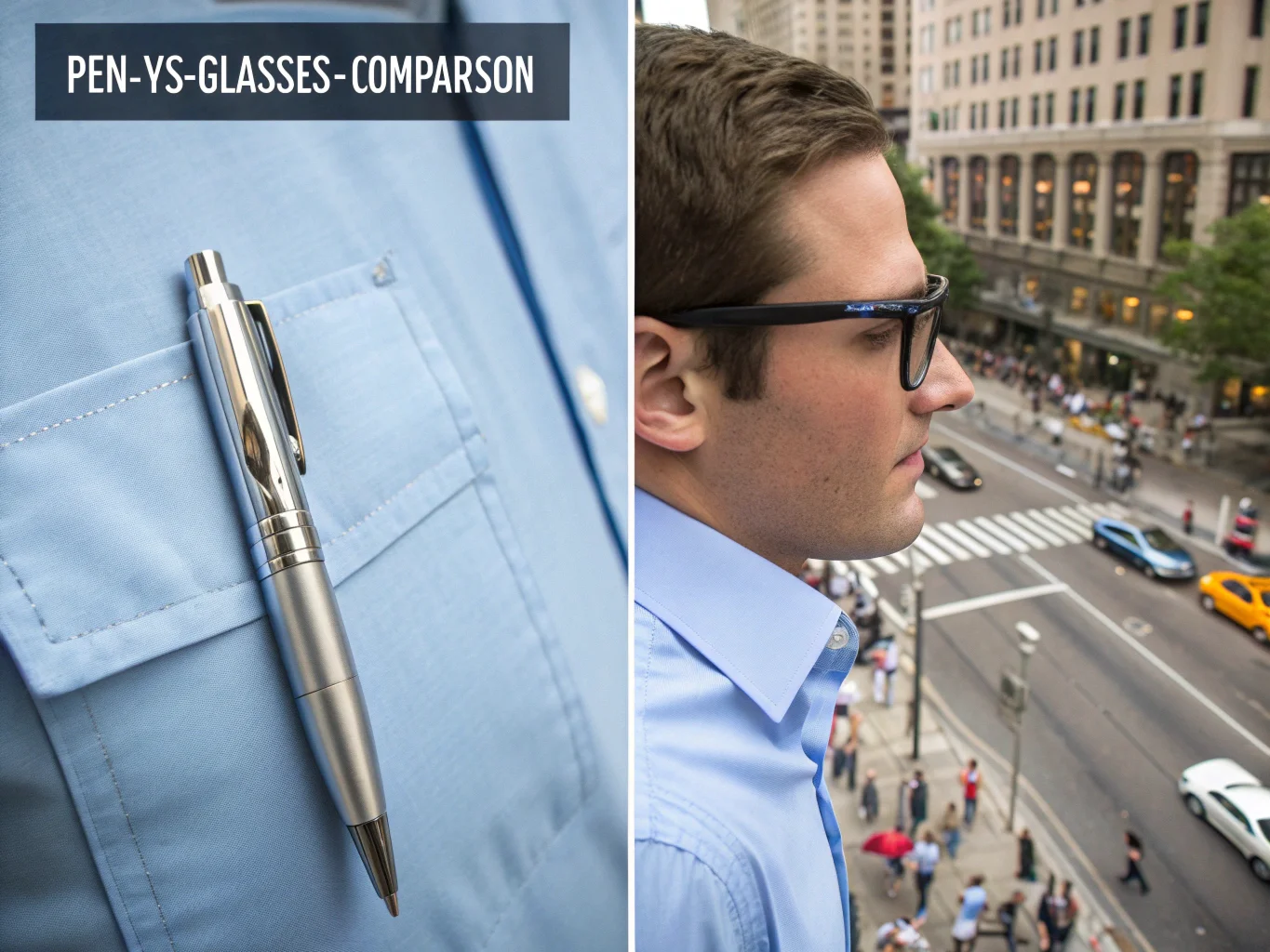 A split image showing a spy pen clipped to a shirt pocket on the left and a first-person view from spy glasses on the right.