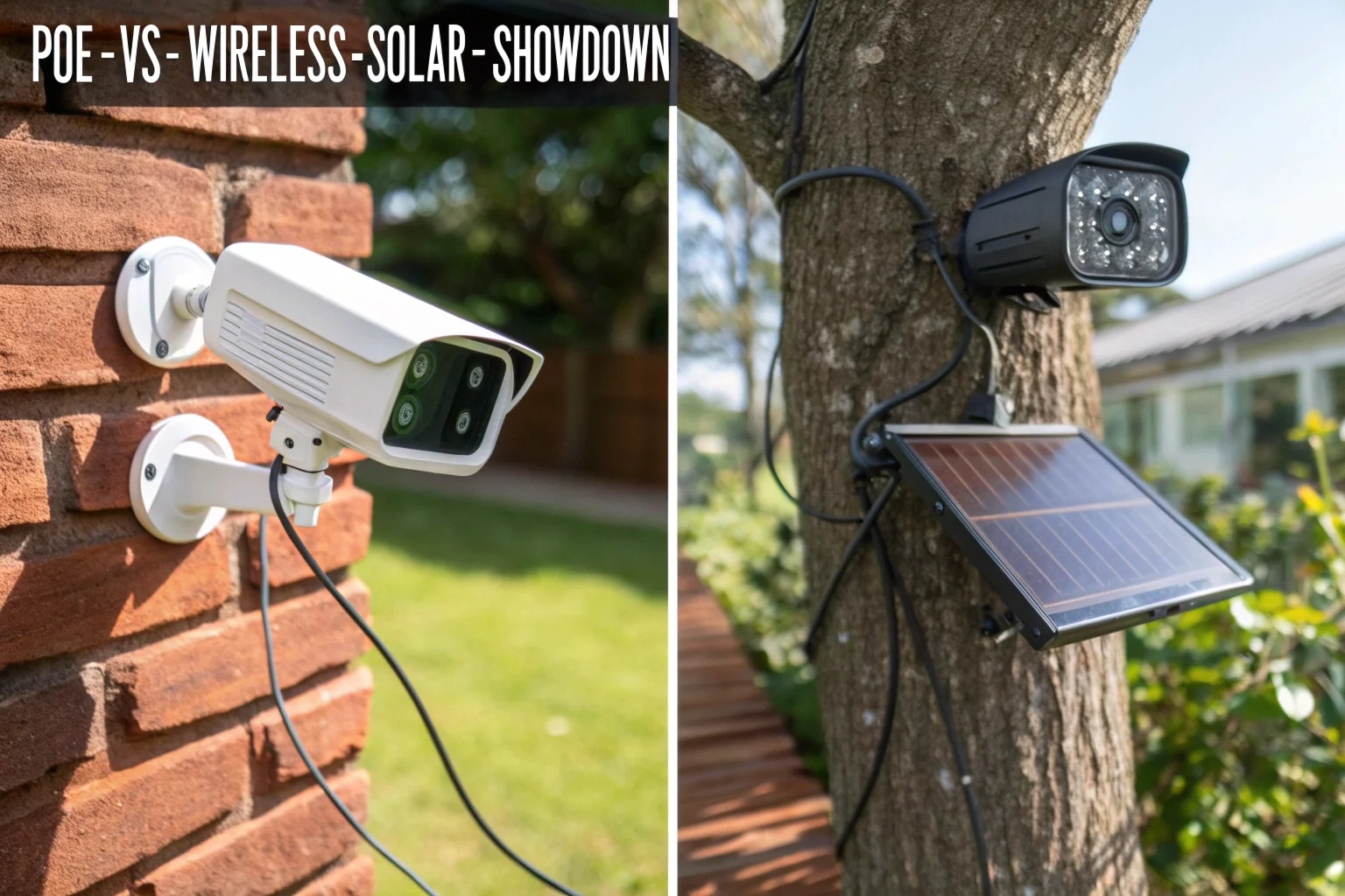 A divided image showing a wired camera on a brick wall versus a solar camera on a tree