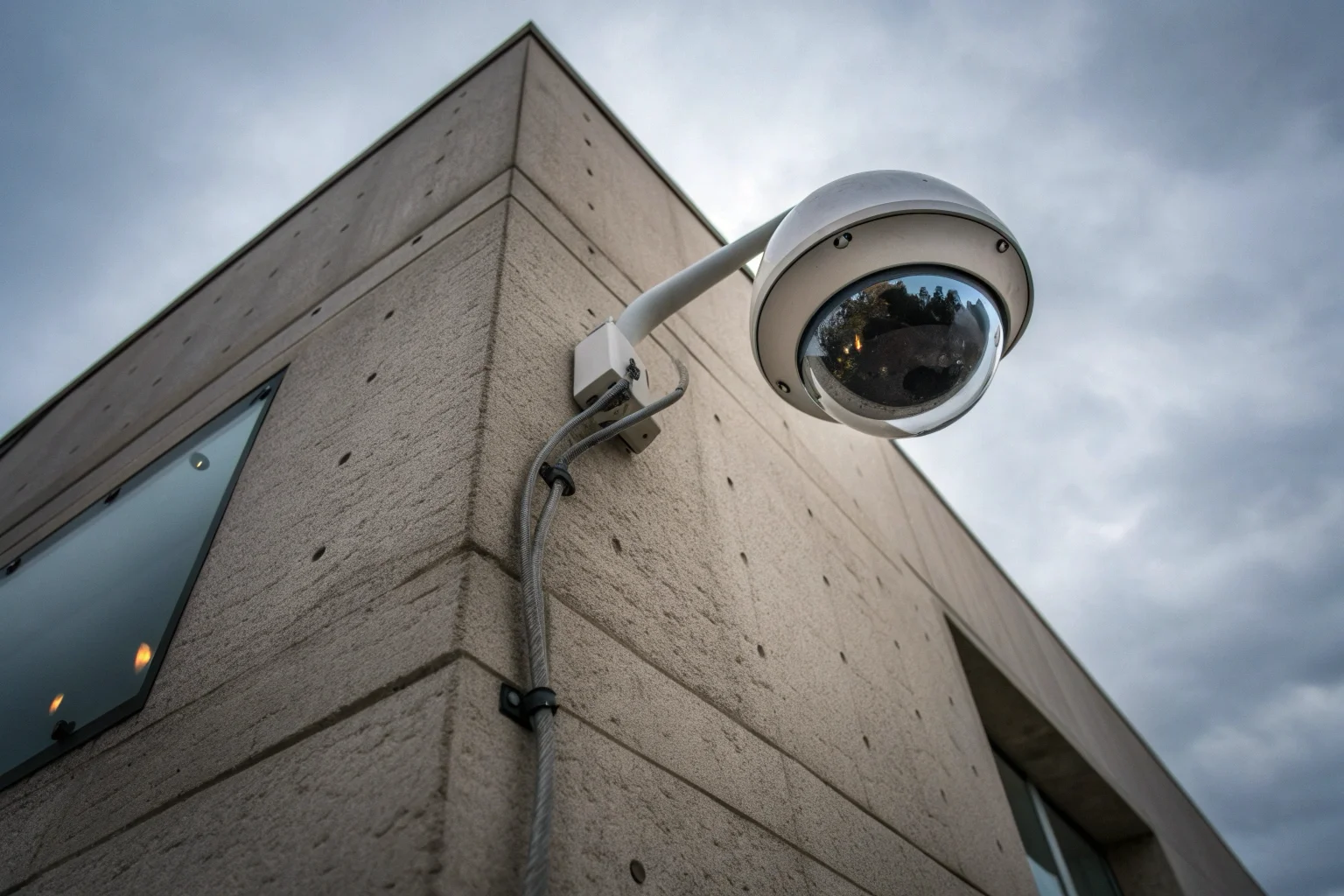 A professional poe camera mounted on a modern commercial building