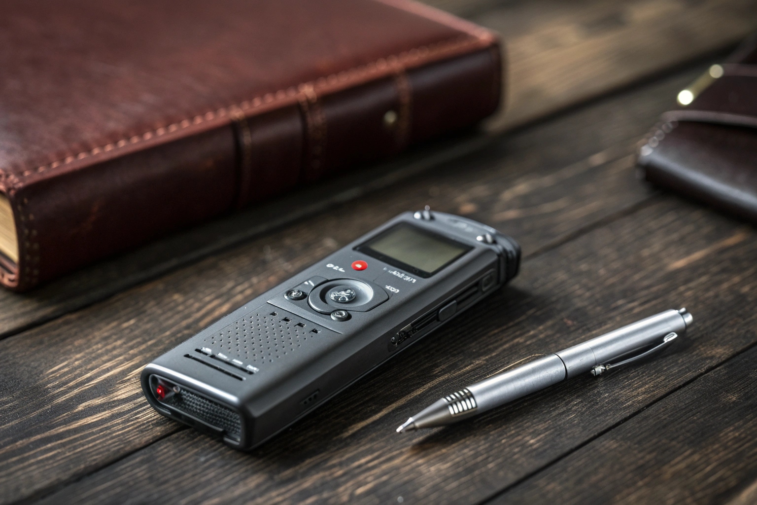 A professional digital voice recorder resting on a wooden table next to a notepad.