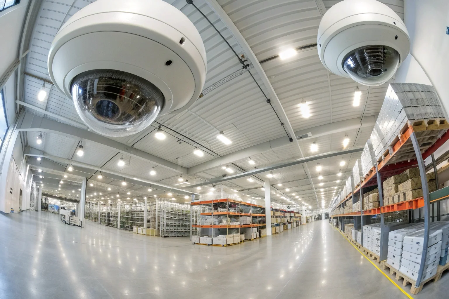Un'installazione di videosorveglianza cablata professionale in un magazzino pulito e ordinato
