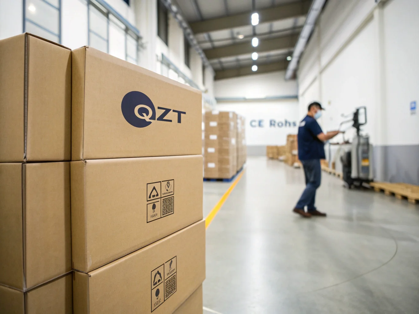 A warehouse aisle in Italy with QZT branded boxes showing CE and ROHS certification marks.