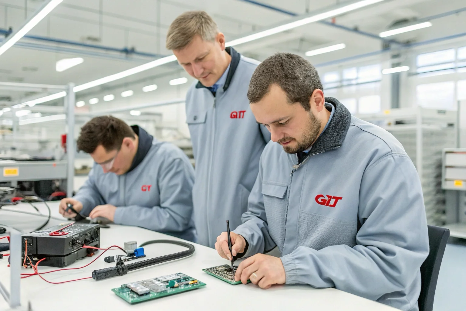 A professional photo of the QZT team in a well-lit workshop, carefully inspecting electronic components for hidden cameras.