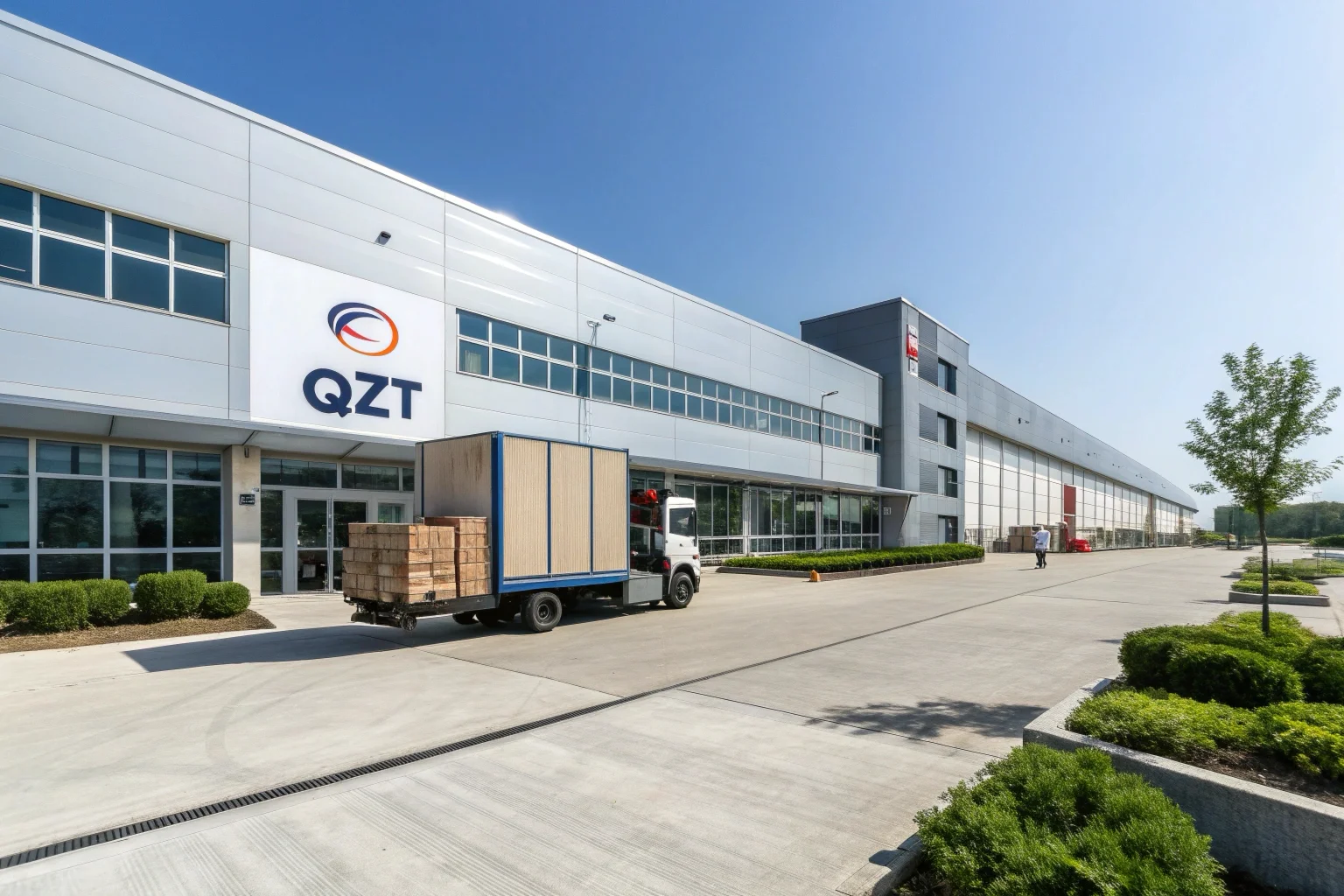 Esterno di un magazzino moderno e pulito con il logo QZT, che mostra la spedizione di pacchi in Europa.