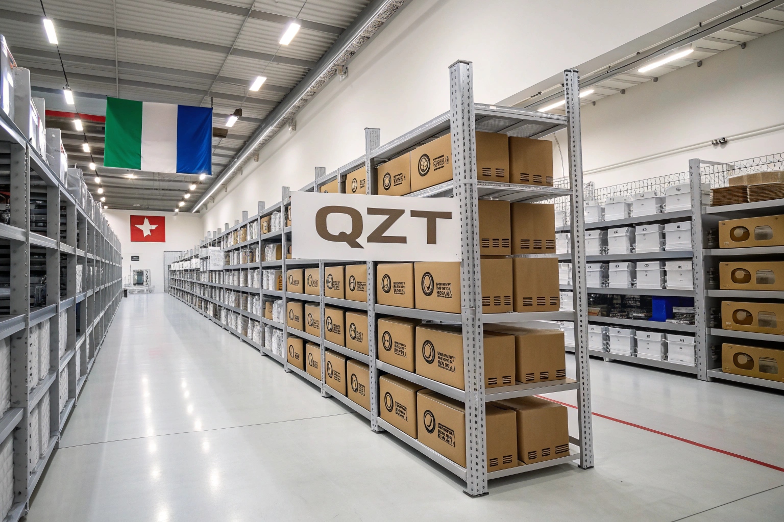 A bright, clean, and organized warehouse interior with shelves stocked with QZT branded boxes. An Italian flag is subtly visible in the background.