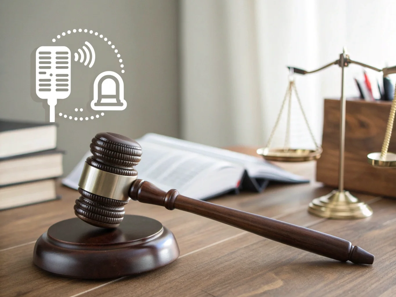 A graphic showing a microphone icon next to a legal gavel, symbolizing recording consent laws.