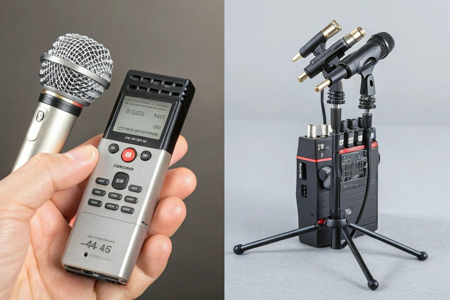 Confronto tra un registratore vocale compatto e un registratore audio professionale con pi&ugrave; microfoni