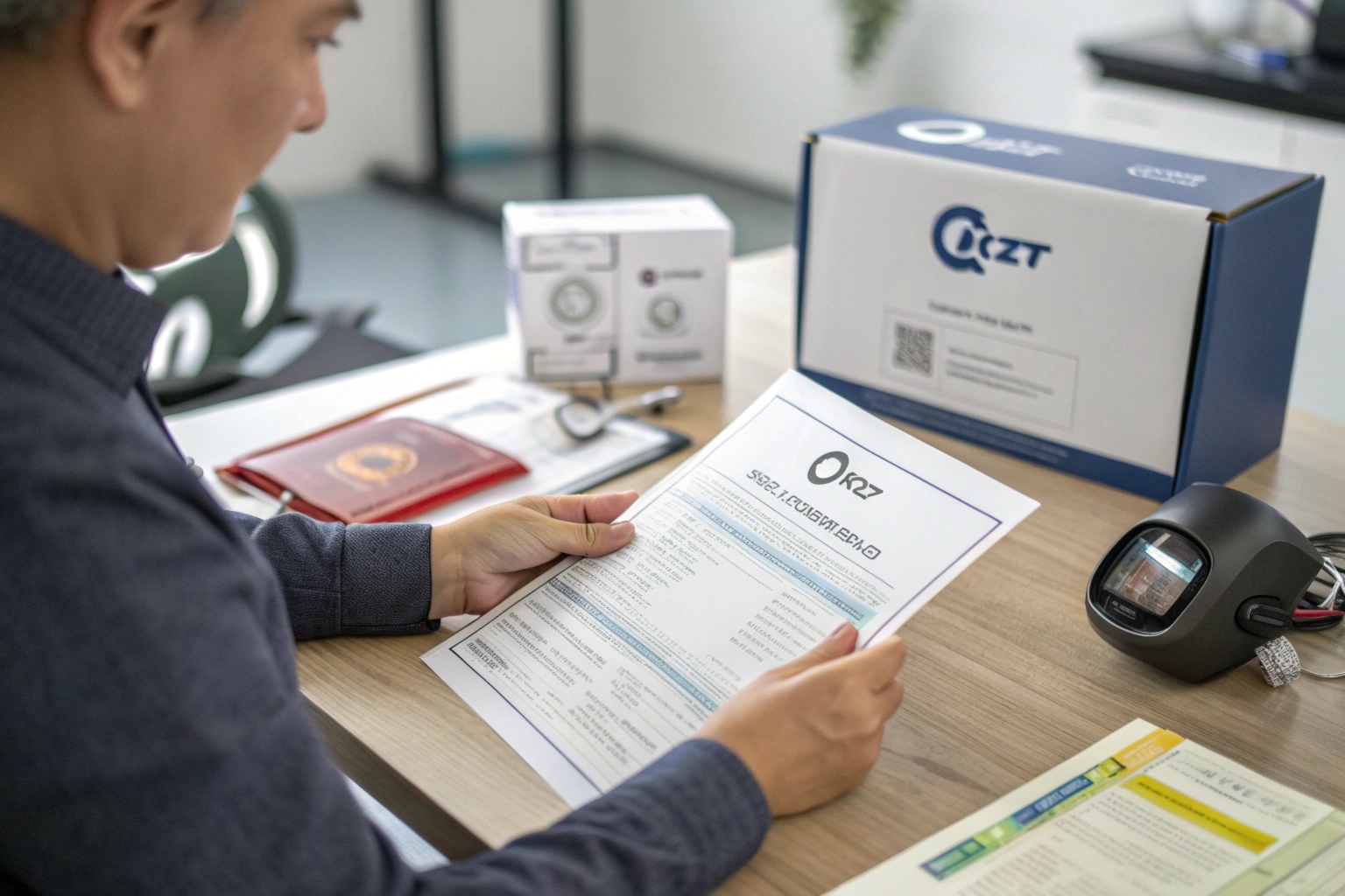 A person inspecting a CE/ROHS certificate with a QZT-branded box and mini camera in the background