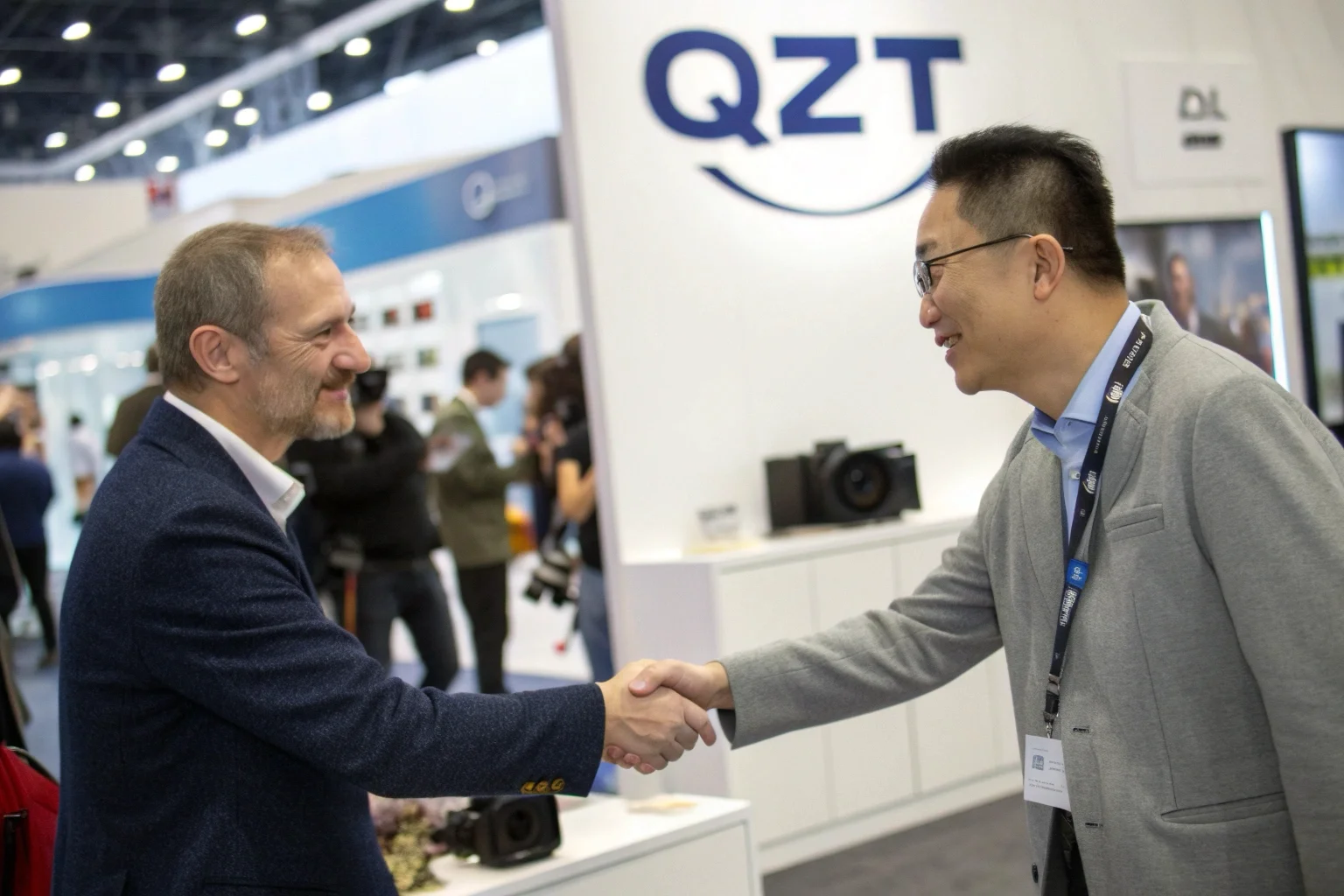 A professional handshake between a business owner and a supplier at a trade show booth