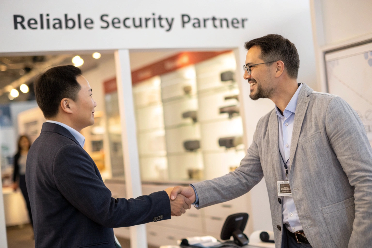 A handshake between two business professionals in front of a display of security cameras