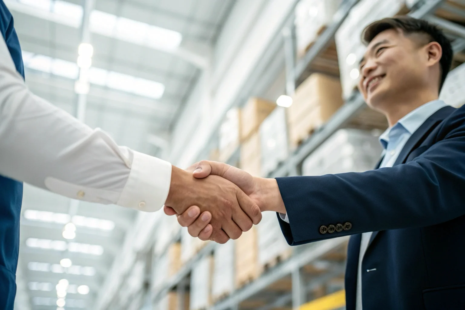 A business handshake in a clean warehouse aisle with shelves of electronics in the background