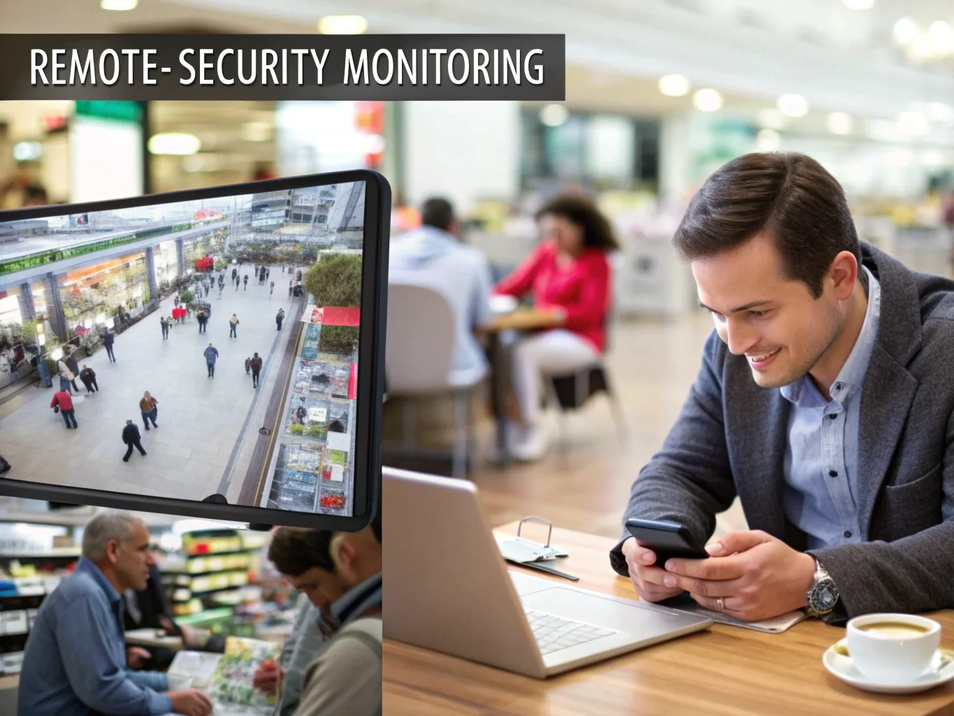 A split-screen image showing a retail store on one side and a manager watching the live feed on a tablet on the other
