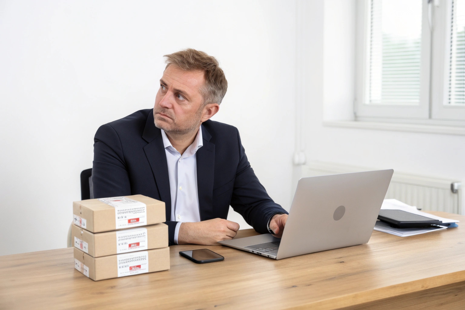 A frustrated e-commerce store owner looking at a pile of returned smart pet collar boxes on a desk