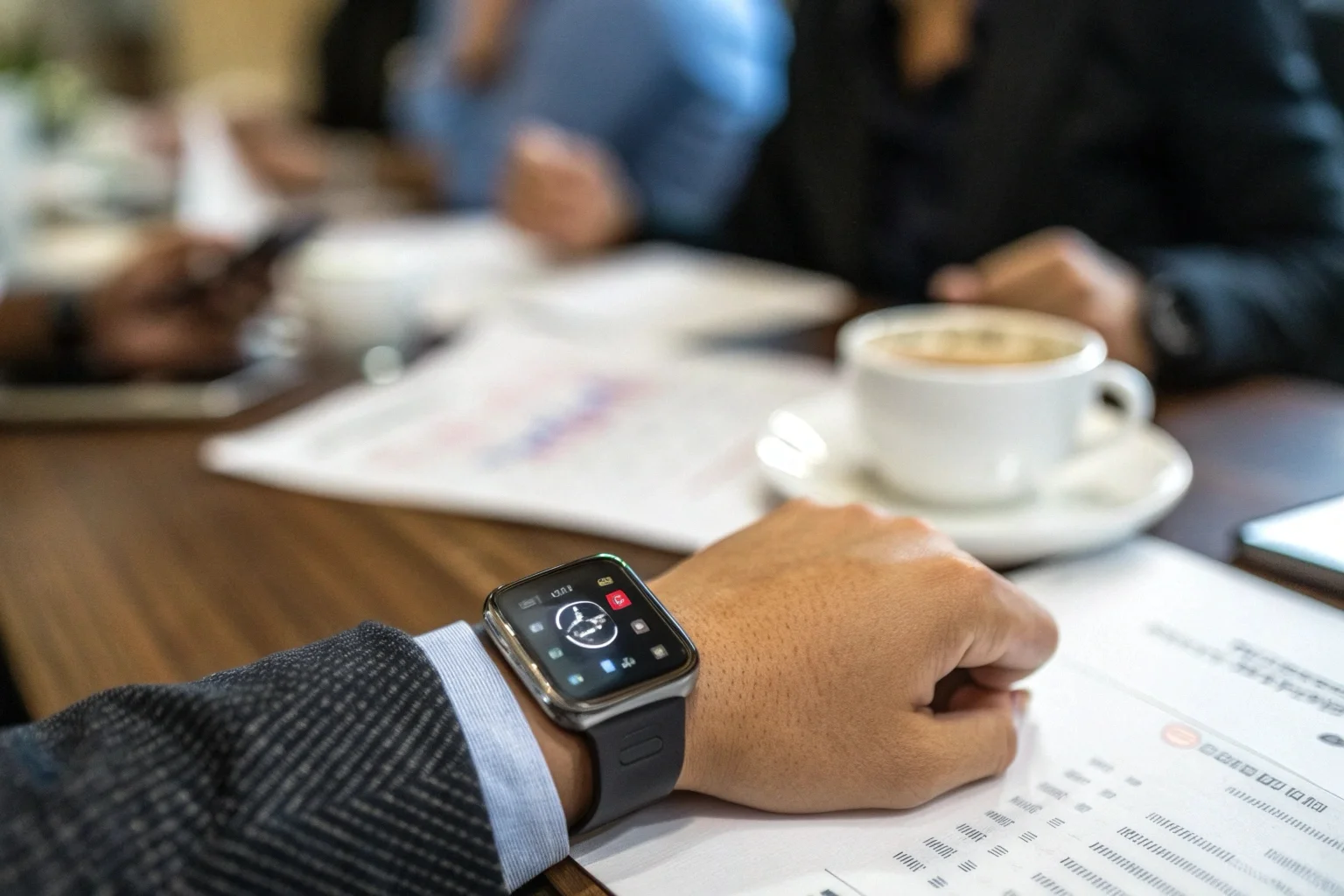 A close-up of the S8 Watch Voice Recorder on someone's wrist in a professional meeting setting.