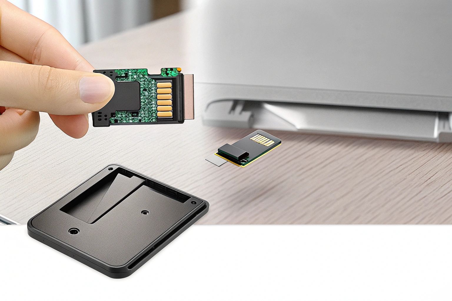 A close-up of a hand carefully removing a small microSD card from a discreet black spy camera module